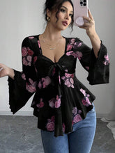 Casual Sexy Vacation French Style Floral Mesh Bowknot Asymmetrical Ruffled Hem Long Sleeve Ibiza
